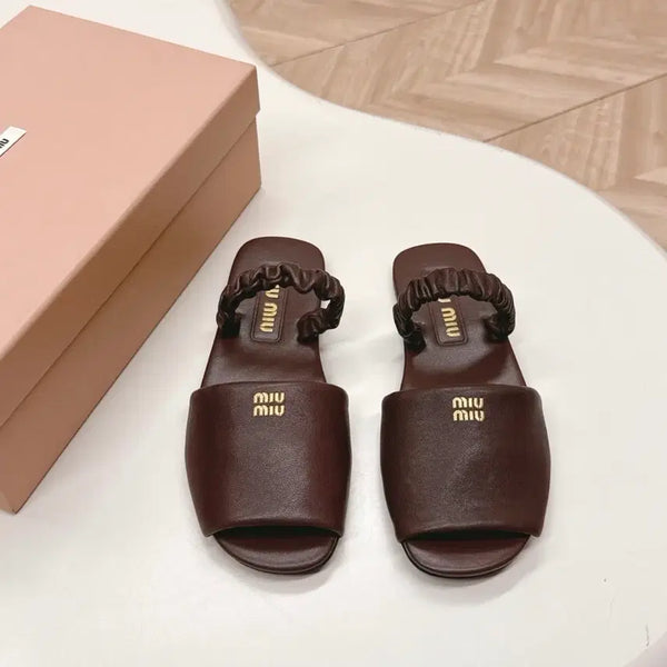 [BUNJANG] Miu Miu Nappa Leather Pleated Single Band Slip-On Sandals Brown 235 / 미우미우 나파가죽 주름 장식 원밴드 슬립온 샌들 브라운 235