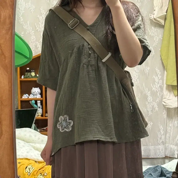 [BUNJANG] Japanese Vintage Mori Girl "Kamome Sanso" Embroidered Short-Sleeve Blouse / 일본 빈티지 모리걸 하구미 반소매 반팔 티셔츠 블라우스 카모메산장 마루