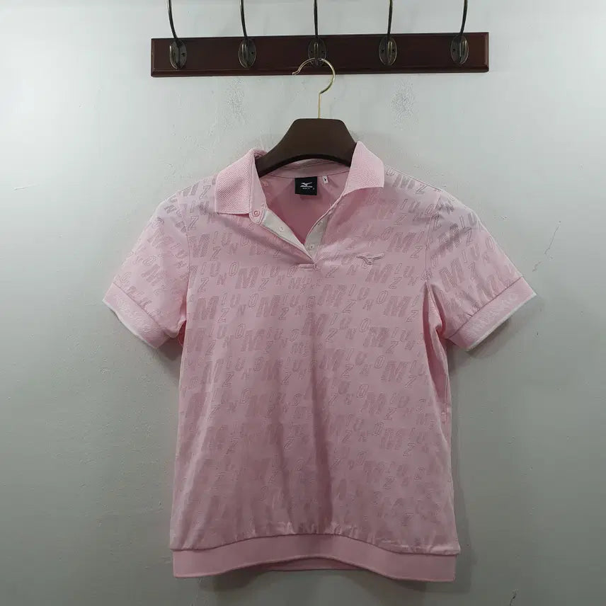 [BUNJANG] Mizuno Women's Pink Logo Pattern Short-Sleeve Golf Polo Shirt - Size S / S 미즈노 여성 핑크 로고 패턴 골프 카라 반팔 티셔츠