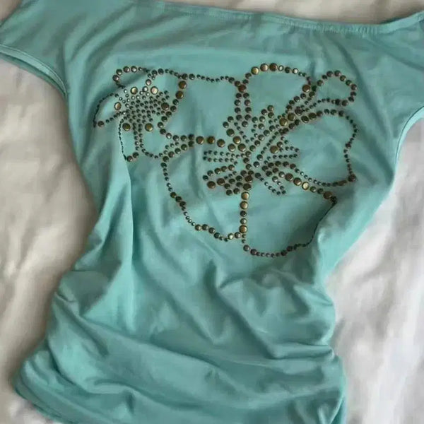 [BUNJANG] Mintcore Y2K Hibiscus Hotfix Off-Shoulder T-Shirt / 민트코어 갸루 핫픽스 y2k 히비스커스 오프숄더 반팔티