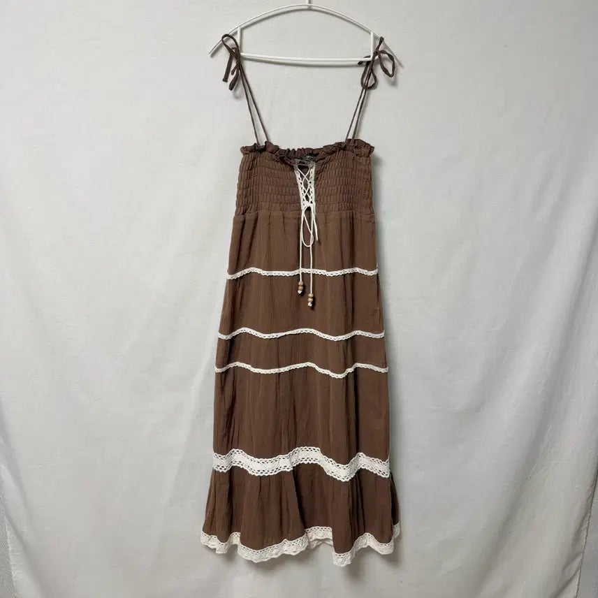 [BUNJANG] Mori Girl Hagumi Chocolate Brown Lace Corset Sleeveless Long Dress / 모리걸 하구미 초코 브라운 레이스 슬리브리스 코르셋 롱 원피스