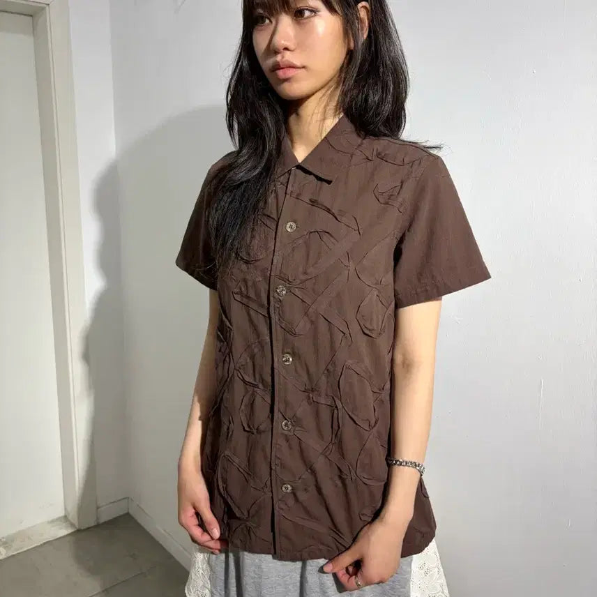 [BUNJANG] Hai Sporting Gear Issey Miyake Brown Lace Short Sleeve Shirt / Hai Sporting Gear 이세이 미야케 브라운 레이스 반팔 셔츠
