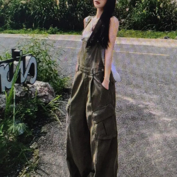 [BUNJANG] Khaki Cargo Denim Overalls / (해외배송)카키색 카고 데님 오버롤 멜빵바지