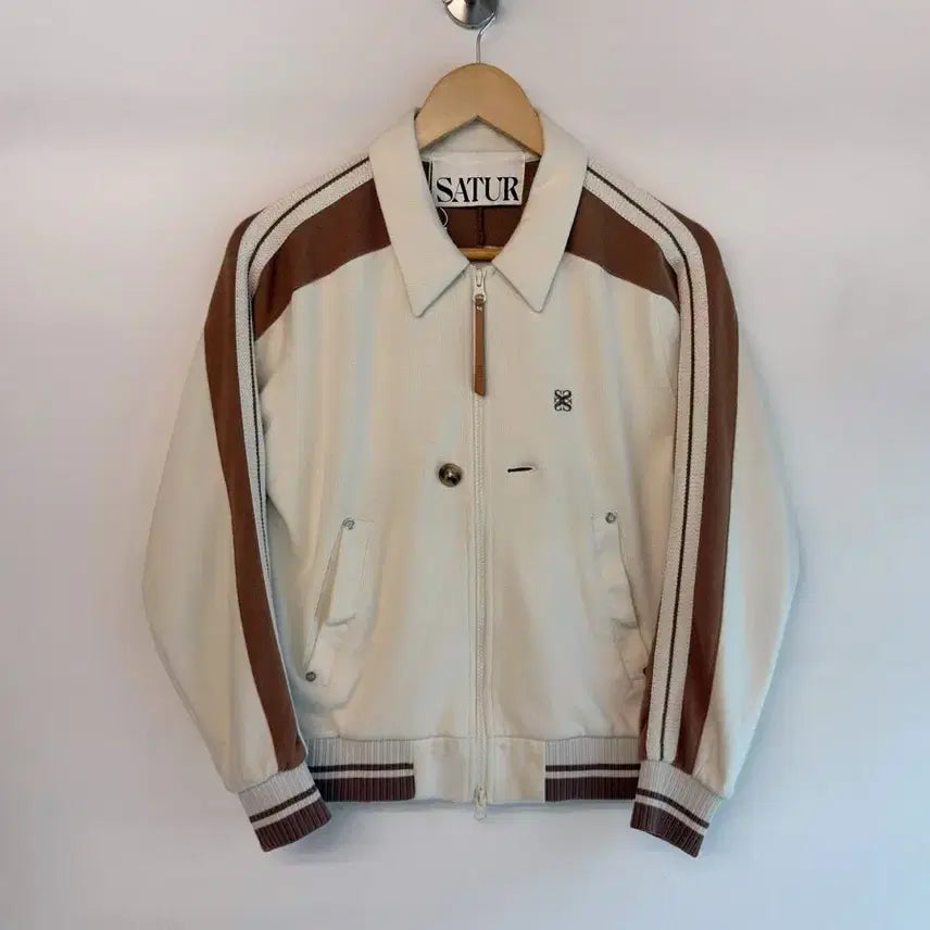 [BUNJANG] SEETER Two-Way Track Knit Zip-Up (White/Brown) / 세터 화이트 브라운 배색 투웨이 트랙 니트 집업