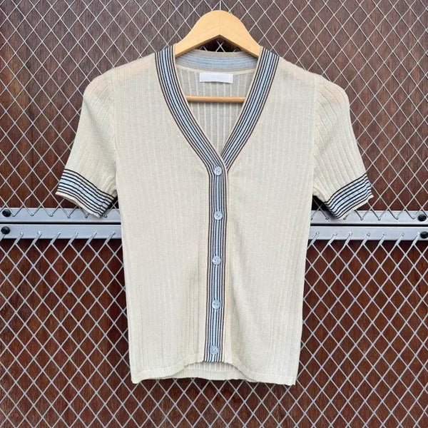 [BUNJANG] System Color-block V-neck Ribbed Short-Sleeve Knit Cardigan / 한섬 시스템 배색 브이넥 골지 반팔 니트 가디건 F