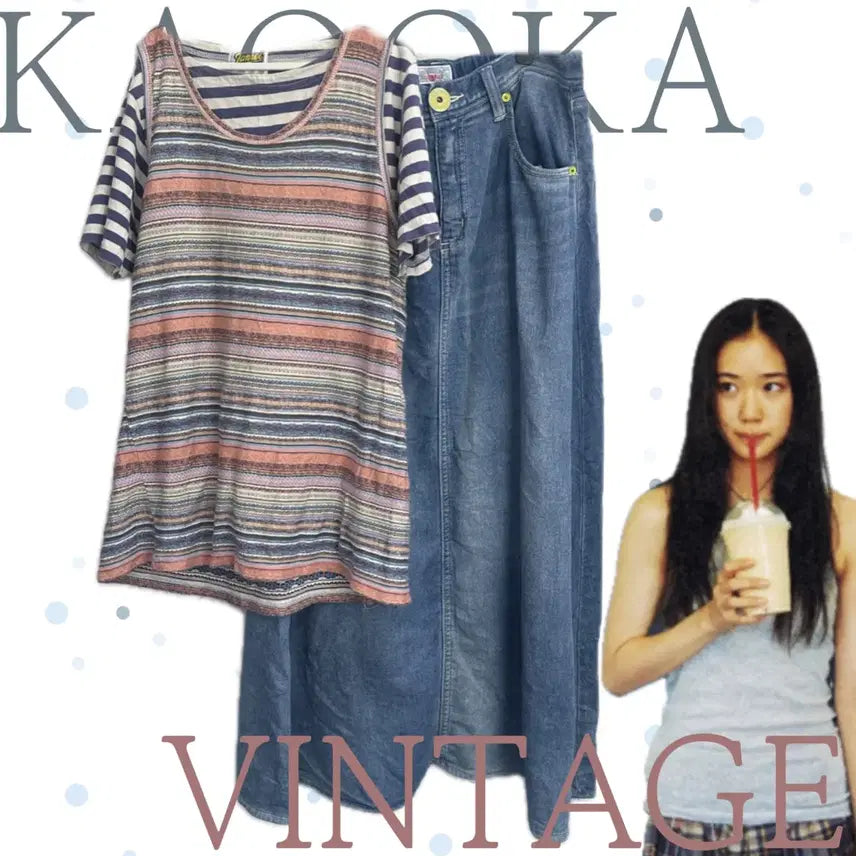 [BUNJANG] Hagumi Japanese Vintage Ethnic Stripe Short Sleeve Layered Denim Skirt Coordi Set / 일본빈티지 하구미 에스닉 스트라이프 반팔 레이어드 데님청치마 코디세트