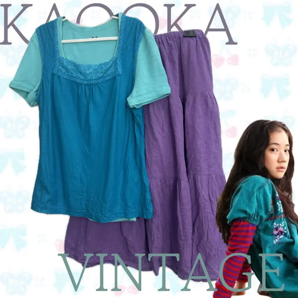 [BUNJANG] Japanese Vintage Mint Layered Skirt Coordi Set / 일본빈티지 원색 하구미 레이어드 민트 빈티지 러블리 스커트 코디세트