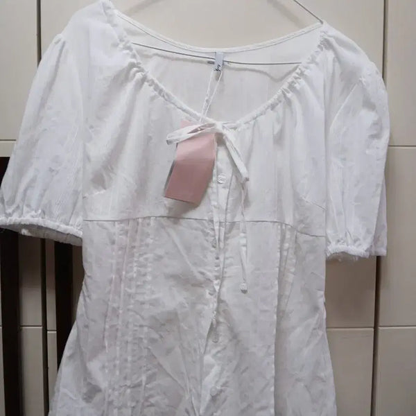 [BUNJANG] White Puff Sleeve Ribbon Cotton Blouse (Size 66) / 화이트 퍼프소매 리본 면 블라우스66