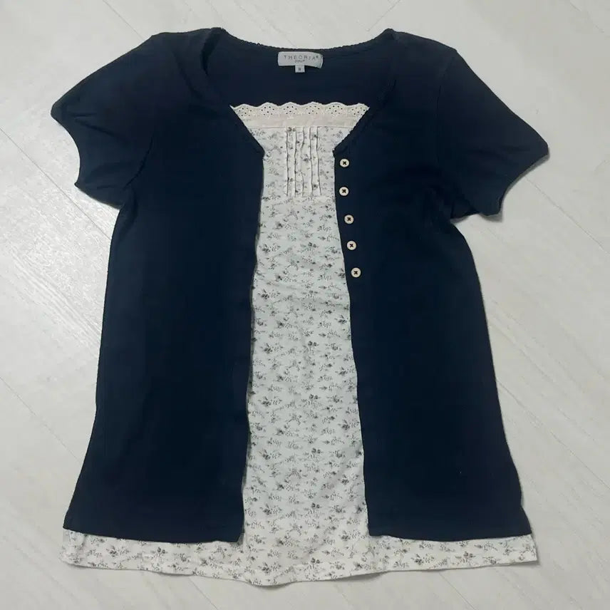 [BUNJANG] Mori Girl Floral Short Sleeve T-shirt Navy / 모리걸 잔꽃 바선생 반팔 레이스 티셔츠 네이비