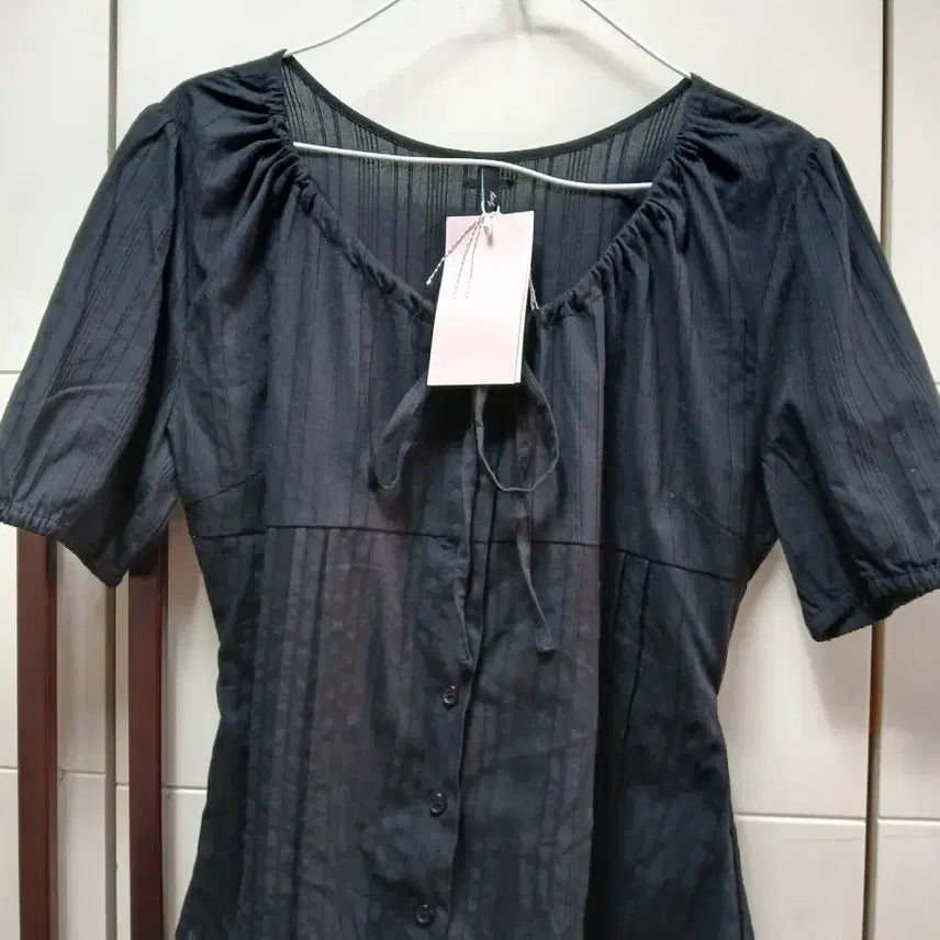 [BUNJANG] Black Stripe Ribbon Cotton Blouse / 새상품블랙 스트라이프 리본 면블라우스66