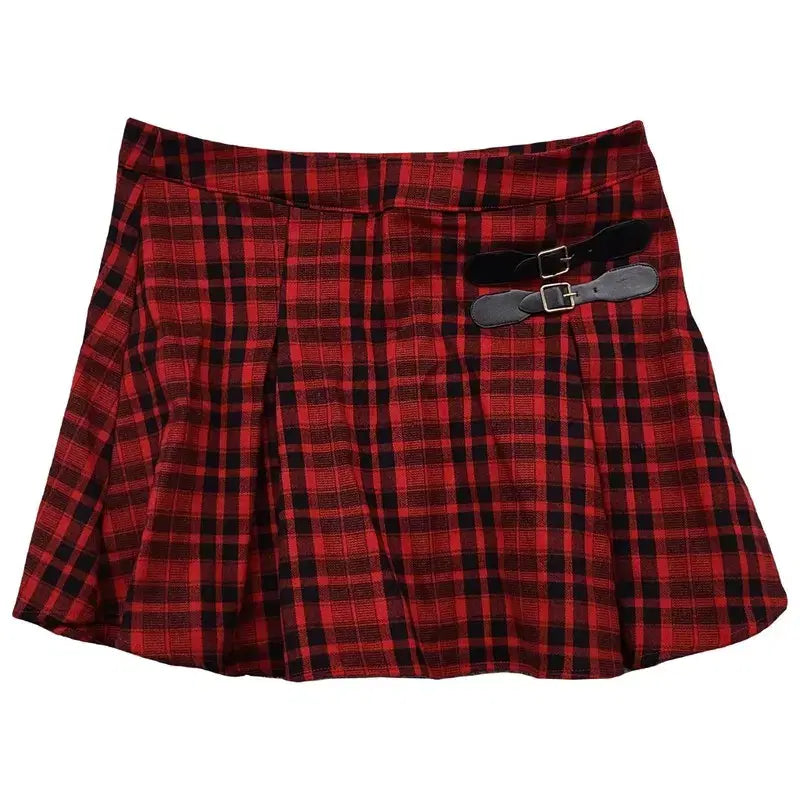 [BUNJANG] Shop Cider Check Red Leather Belted Skirt / 샵사이더 체크 레드 레더 벨티드 스커트 L