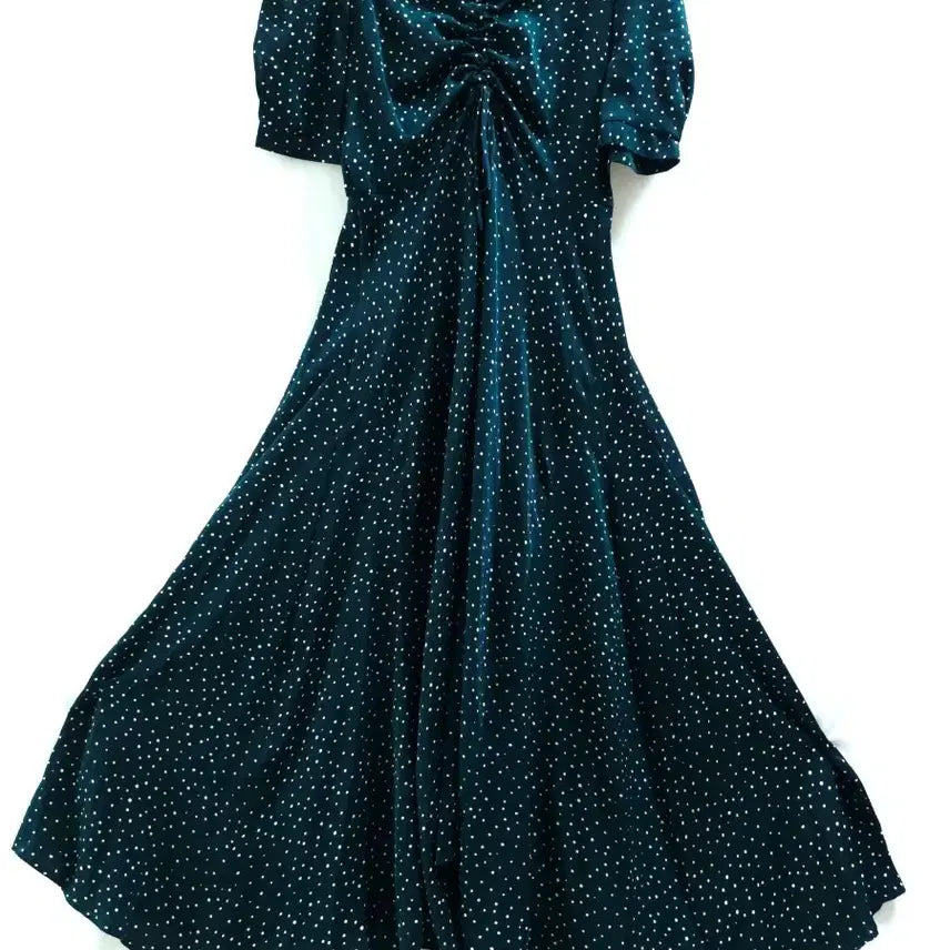 [BUNJANG] LUUL Deep Green Polka Dot Shirring Mini-Spandex Short-Sleeve Dress / LUUL 예쁜딥그린 도트 셔링 약스판 반팔원피스 새상품