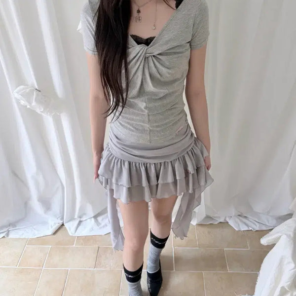 [BUNJANG] Nualin Luna Summer Twisted Shirring Top Grey M / 뉴얼린 셔링 탑 그레이 M 미개봉 새상품 (49000원)