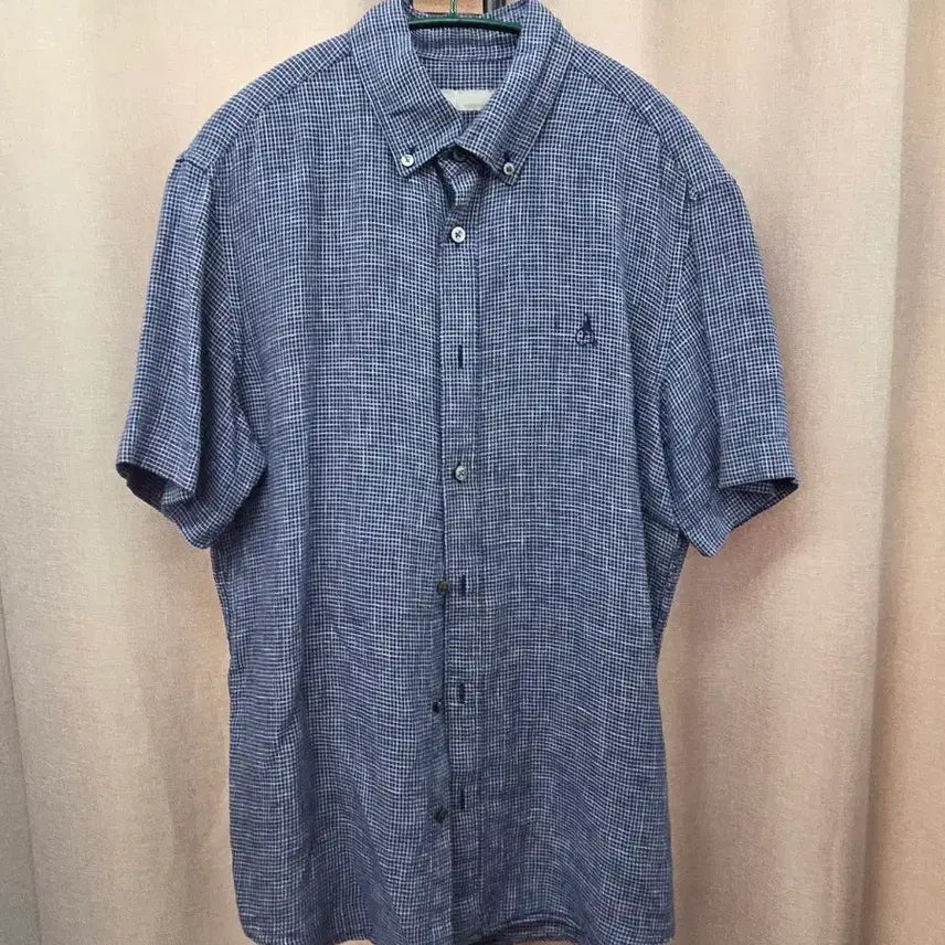 [BUNJANG] Beanpole Men's Linen Blend Short Sleeve Shirt Blue Check / 빈폴 남성 마 반팔 셔츠 블루 체크