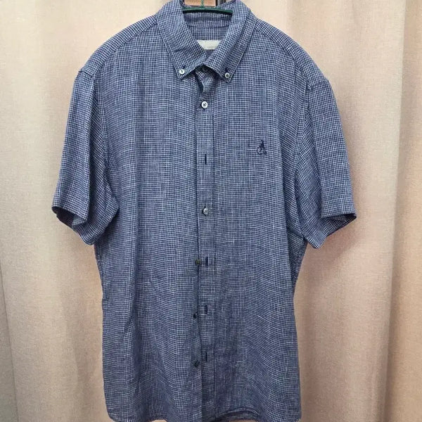 [BUNJANG] Beanpole Men's Linen Blend Short Sleeve Shirt Blue Check / 빈폴 남성 마 반팔 셔츠 블루 체크