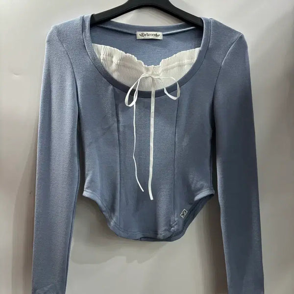 [BUNJANG] Deliccent Ribbon Frill Detail Cropped Long Sleeve T-Shirt Blue-Gray / 델리센트 리본 프릴 포인트 크롭 긴팔티 블루그레이  1.5