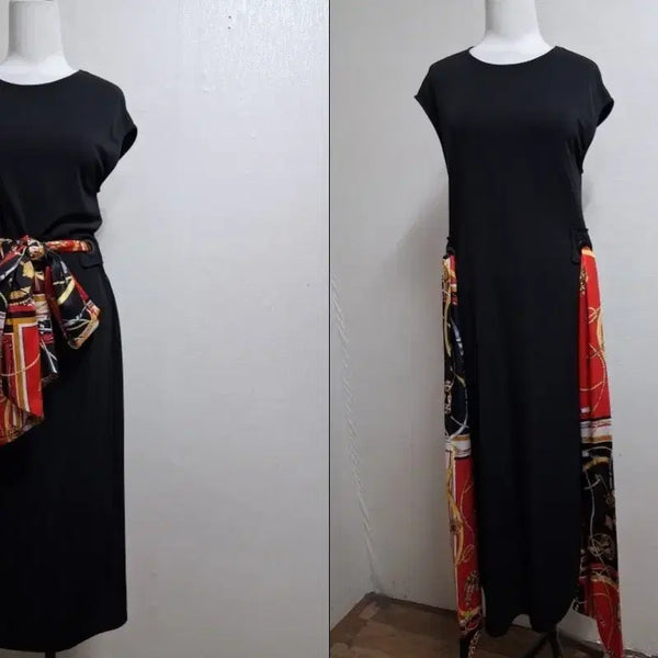 [BUNJANG] Zara Black Jersey Long Dress with Scarf Pattern and Large Ribbon / 자라 스카프패턴 큰리본헐끈 블랙 져지롱원피스 후렌치 나시 롱원피 5566