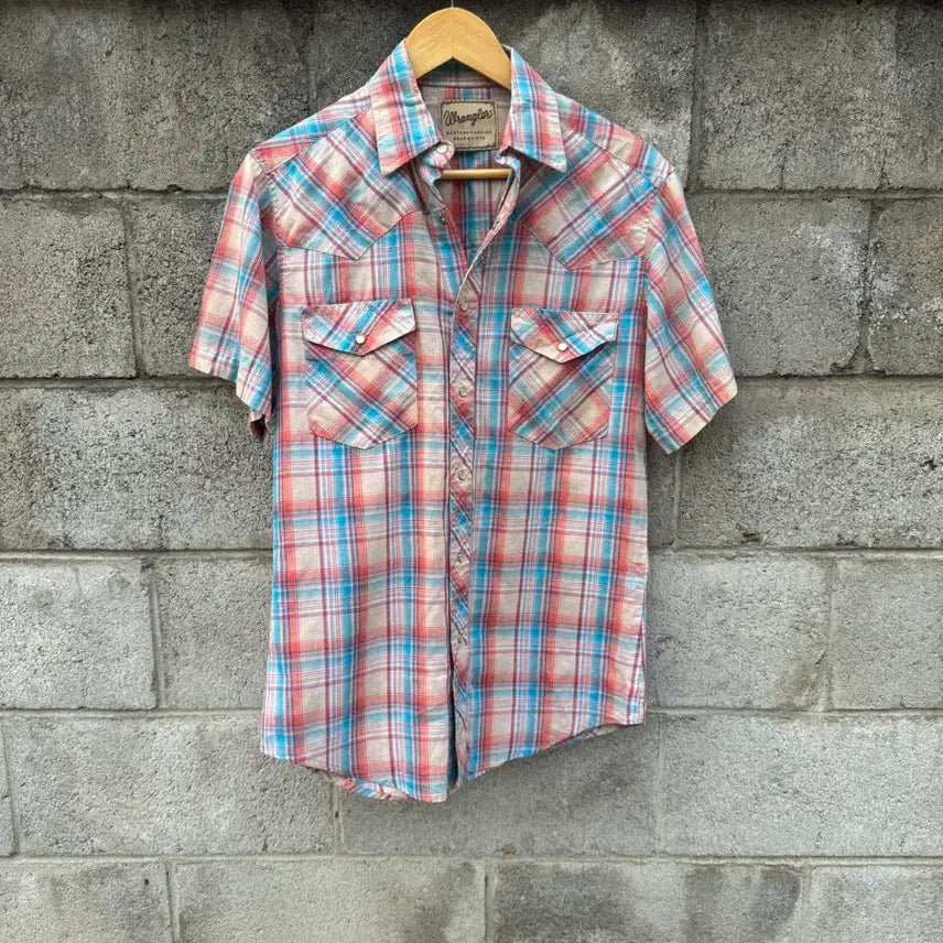 [BUNJANG] Wrangler Vintage Check Western Short Sleeve Shirt / 랭글러 빈티지 체크 웨스턴 반팔 셔츠