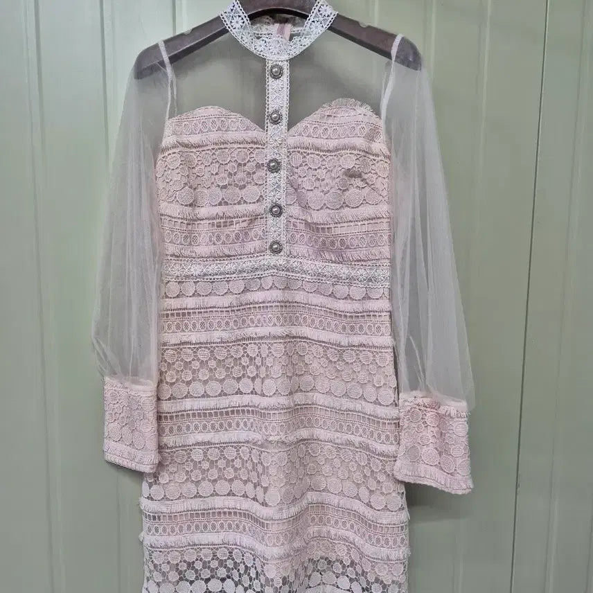[BUNJANG] See-through Lace Puff Sleeve Dress - Pink / 시스루 레이스 퍼프소매 원피스 핑크