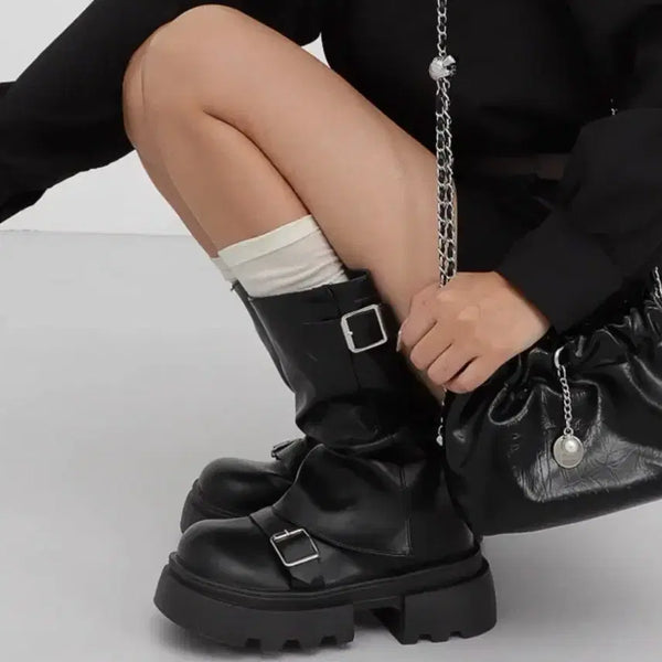 [BUNJANG] Ably Platform Buckle Mid Boots Black 245 / 에이블리 통굽 버클 미들 부츠 블랙 245