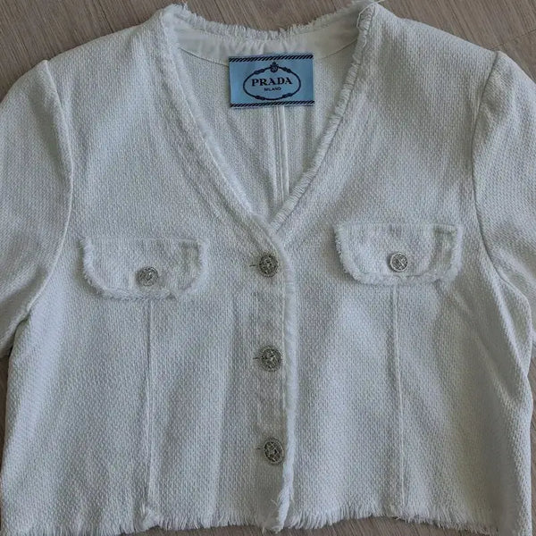 [BUNJANG] White Tweed Cropped Jacket with Prada Label / 화이트 트위드 크롭 자켓