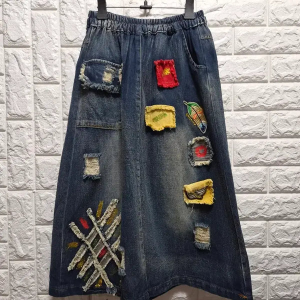 [BUNJANG] Vintage Denim Patch Washing Long Skirt / 빈티지 데님 패치 워싱 롱스커트