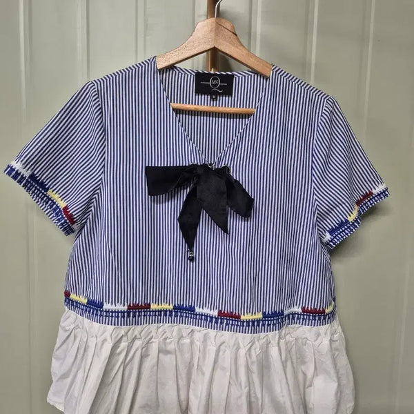 [BUNJANG] Blue Stripe Ribbon Blouse / 블루 스트라이프 리본 블라우스