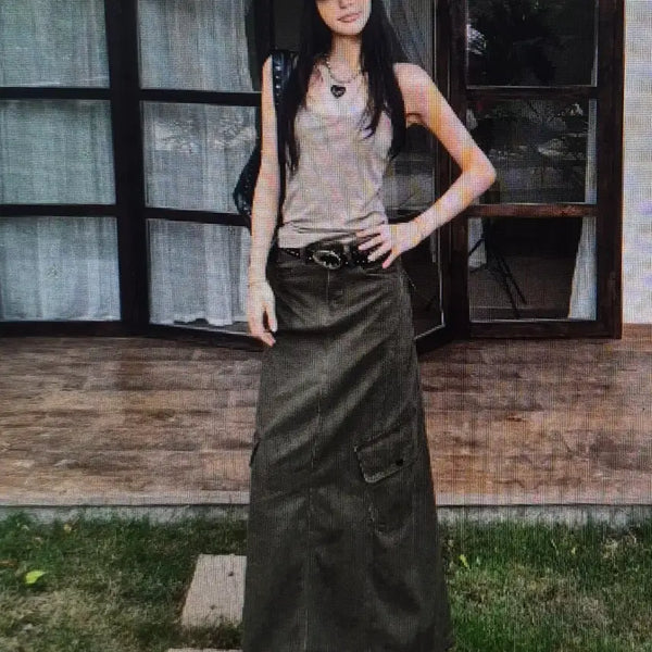 [BUNJANG] Khaki Cargo Maxi Skirt / (해외배송)카키 카고 맥시 스커트