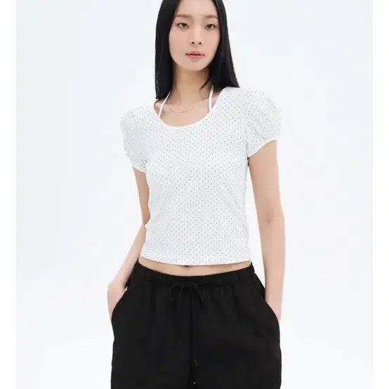 [BUNJANG] 8 Seconds Polka Dot Puff Sleeve T-Shirt White M / 에잇세컨즈 도트 패턴 퍼프 소매 티셔츠  화이트 m