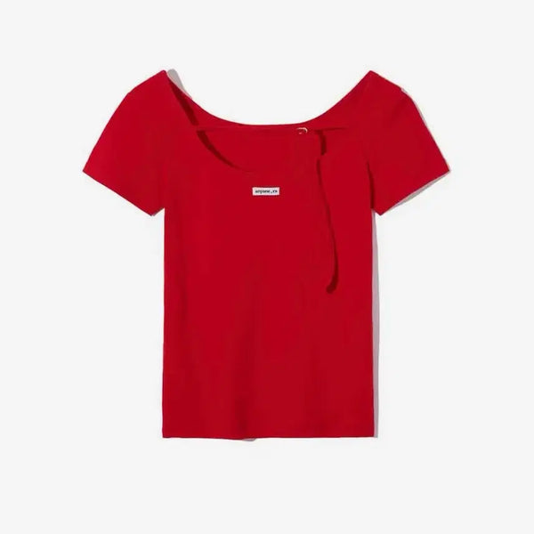 [BUNJANG] L'ensec Back Point Boat Neck Half Tee Red / 렌세 백 포인트 보트 넥 하프 티 레드