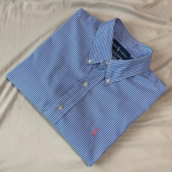[BUNJANG] Polo Ralph Lauren Striped Poplin Short Sleeve Shirt Blue / 100) 두산 폴로 랄프로렌 스트라이프 포플린 반팔 셔츠