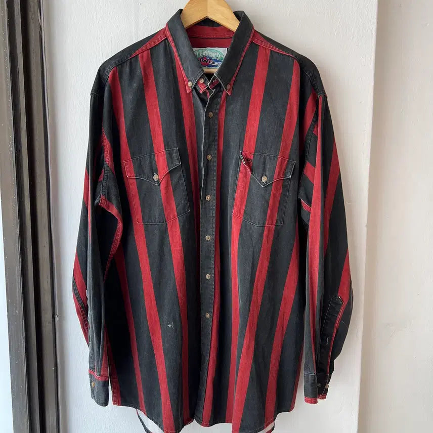 [BUNJANG] NWG Red & Black Stripe Vintage Cotton Shirt XL / NWG canadian outdoors 빈티지 레드블랙 스트라이프 셔츠