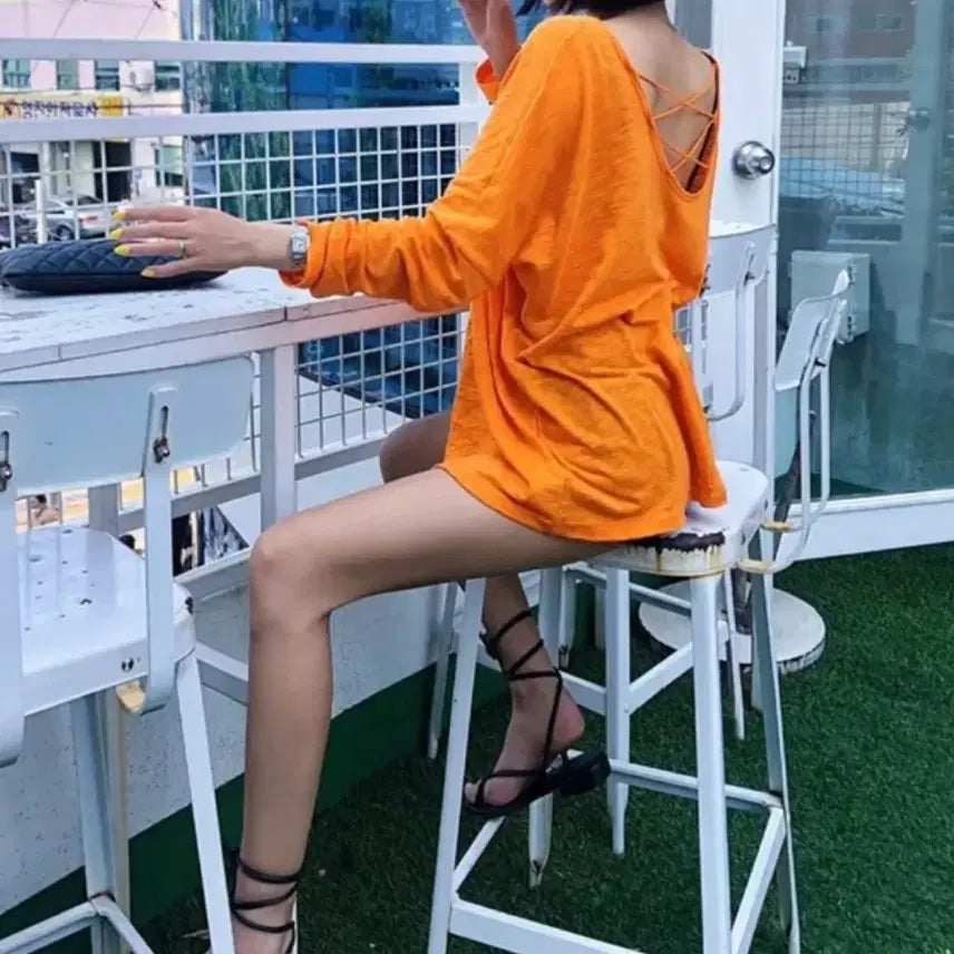 [BUNJANG] Orange Back Strap Loose Fit Thin T-Shirt / 오렌지 백 스트랩 얇은 티셔츠 (루즈핏)
