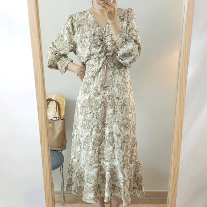 [BUNJANG] Women's Long Sleeve Chiffon V-Neck Maxi Dress / (F)여성 긴팔 롱 원피스 쉬폰 브이넥 F18W4330