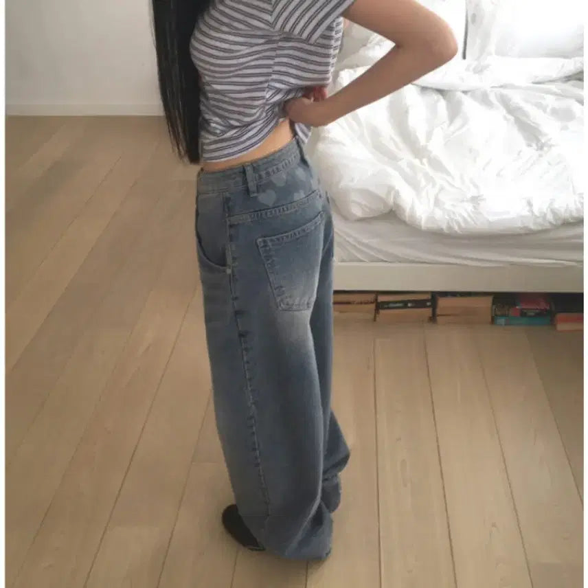 [BUNJANG] Heart Printing Wide Denim Pants M / 밑단스냅 하트프린팅 와이드 데님 팬츠 M
