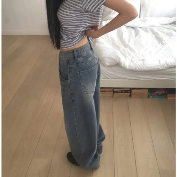[BUNJANG] Heart Printing Wide Denim Pants M / 밑단스냅 하트프린팅 와이드 데님 팬츠 M