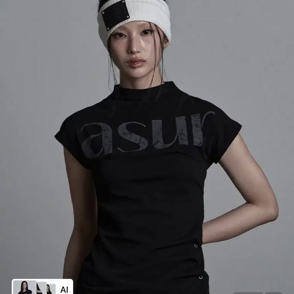 [BUNJANG] AZ YOU ARE Side Snap Half Neck T-Shirt Black / 애즈유아 사이드 스냅 하프넥 티셔츠 블랙