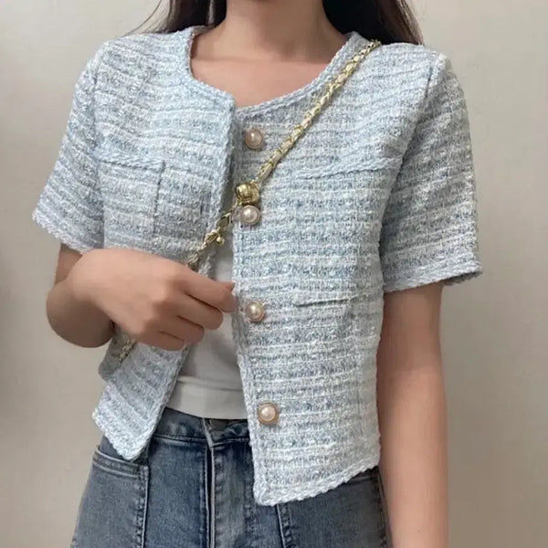 [BUNJANG] Tweed Short-Sleeve Jacket Blue / 트위드 반팔 자켓 블루 판매