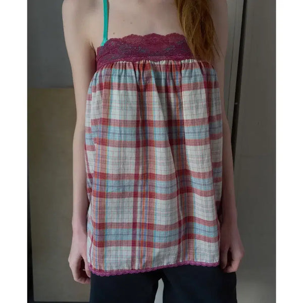 [BUNJANG] Nocontents Lace Check Tube Top Magenta / 노컨텐츠 레이스체크 튜브탑 마젠타