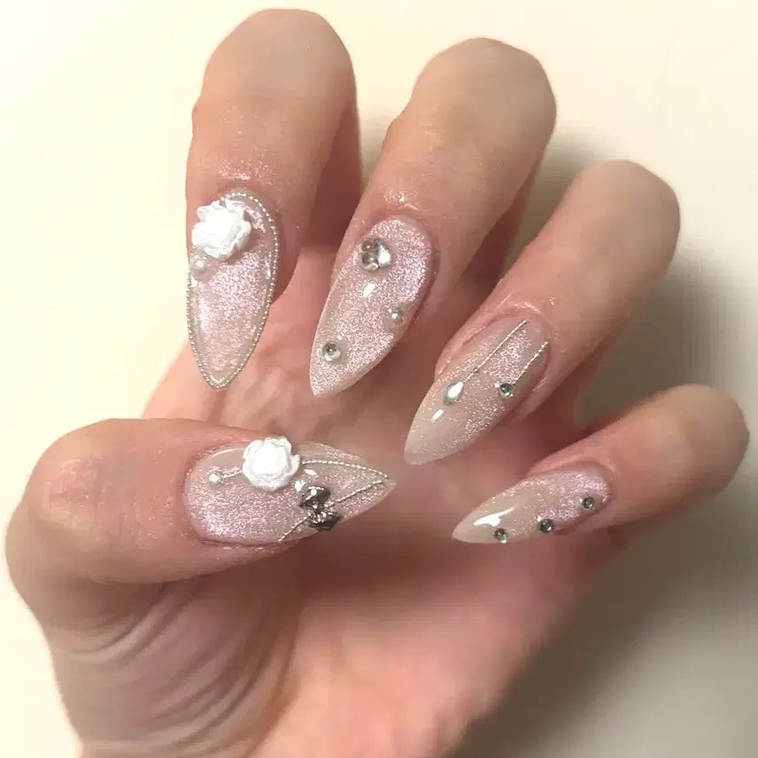[BUNJANG] Handmade Nail Tips - Shimmer Rose Magnetic Gel Nails / 수제 네일팁 쉬머 로즈 자석젤 네일 | 시럽젤 변경 가능