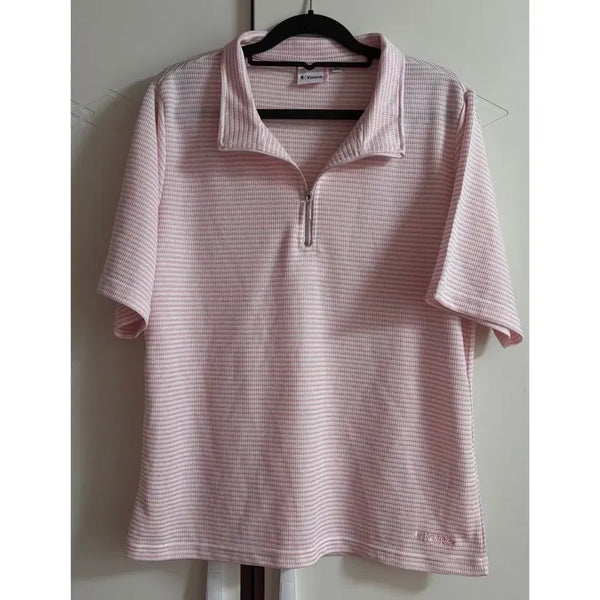 [BUNJANG] KAEPA Pink Stripe Short Sleeve Half-Zip T-Shirt / (택포) KAEPA 핑크 스트라이프 반팔 반집업