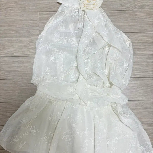 [BUNJANG] Halterneck Chiffon Floral Mini Dress / 홀터넥 쉬폰 꽃 장식 블라우스 원피스