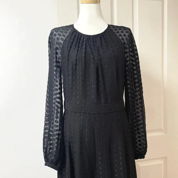 [BUNJANG] Tommy Hilfiger Sheer Shirring Pintuck Flare Dress / 타미힐피거 펀칭 도트 시스루 셔링 핀턱 플레어 하객룩 정장 롱 원피스