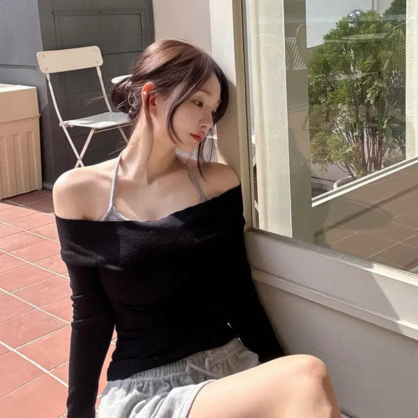 [BUNJANG] Kaindami Off-Shoulder Raglan T-Shirt Black / 카인다미 오프숄더 래글런 티셔츠 블랙