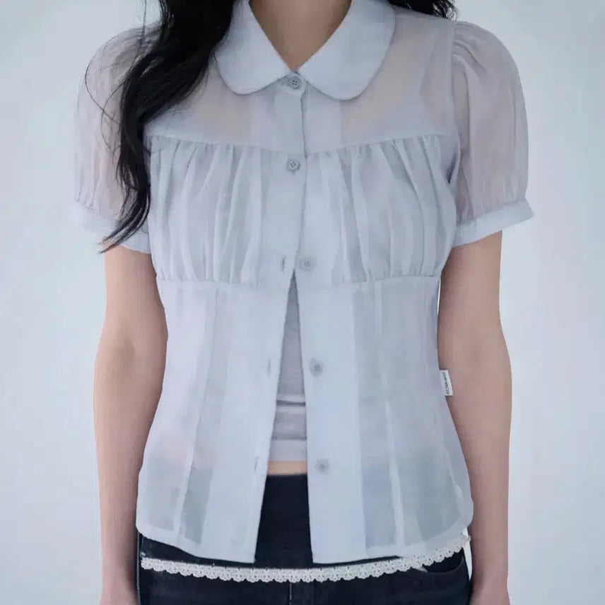 [BUNJANG] Mireco Shirring Sheer Blouse Misty Blue / 미레코 SHIRRING SHEER BLOUSE MISTY BLUE