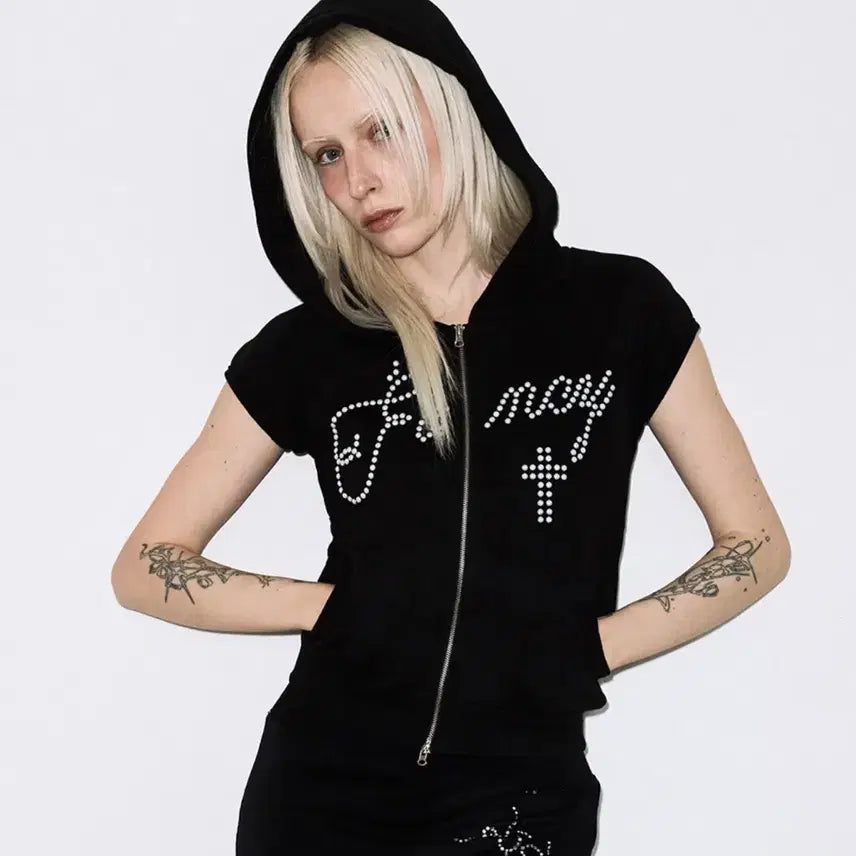 [BUNJANG] Fancy Club Hotfix Puff Sleeve Hooded Zip-Up Black / 팬시클럽 핫픽스 퍼프 슬리브 후드 집업 블랙