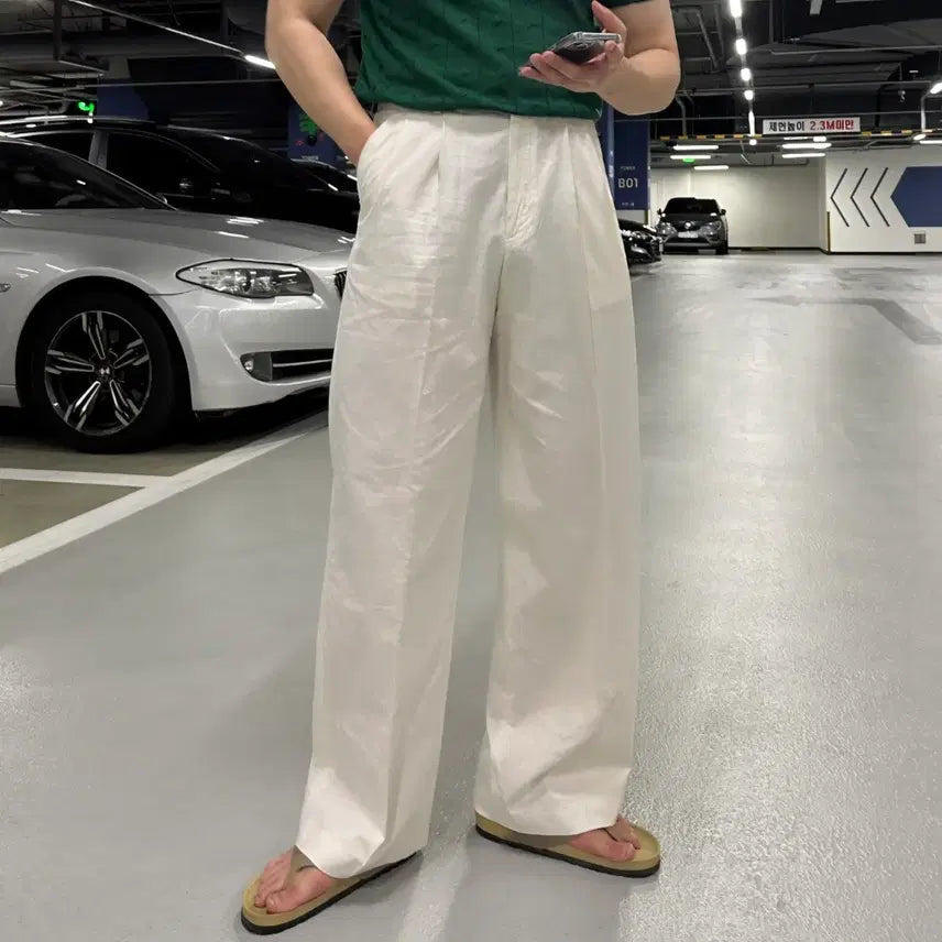 [BUNJANG] Linen Two-Tuck Wide Pants Ivory M / 린넨 투턱 와이드 팬츠 아이보리 M