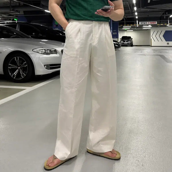 [BUNJANG] Linen Two-Tuck Wide Pants Ivory M / 린넨 투턱 와이드 팬츠 아이보리 M
