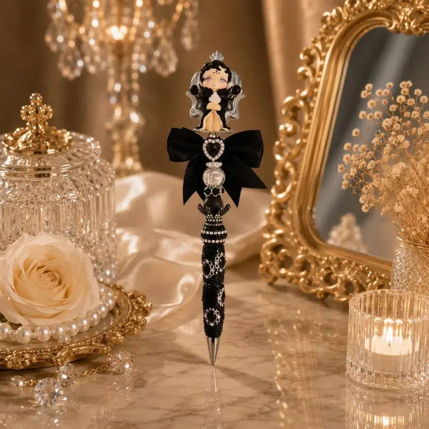 [BUNJANG] Skull Panda Figure Handmade Ballpoint Pen with Black Ribbon and Jewel Embellishments / 스컬판다피규어 볼꾸 핸드메이드볼펜