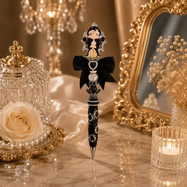 [BUNJANG] Skull Panda Figure Handmade Ballpoint Pen with Black Ribbon and Jewel Embellishments / 스컬판다피규어 볼꾸 핸드메이드볼펜
